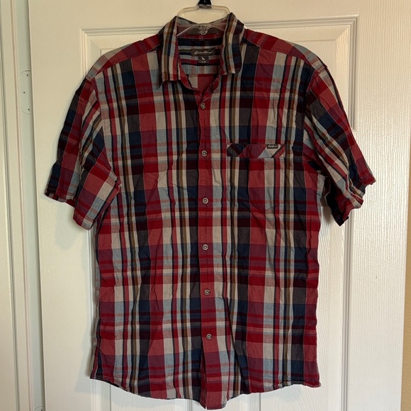 Eddie Bauer men’s blue and red short sleeve button down shirt size medium - Picture 1 of 8
